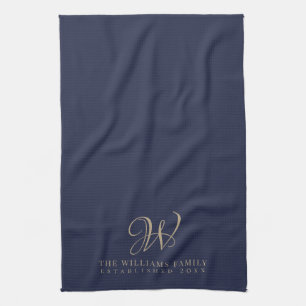 Family Monogram Elegant Script Navy Kitchen Tea Towel