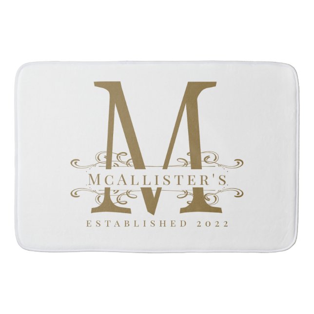 Family Monogram Elegant White and Gold Classy  Bath Mat (Front)