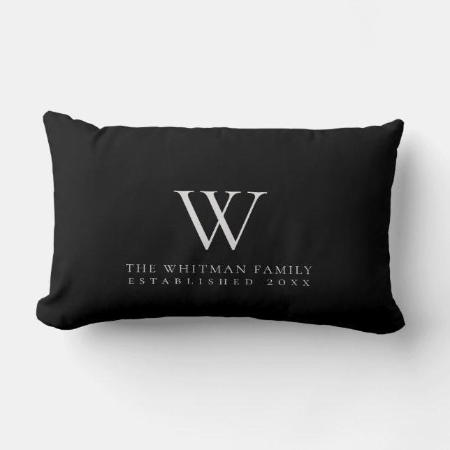 Family Monogram Modern Black Grey Lumbar Cushion (Front)