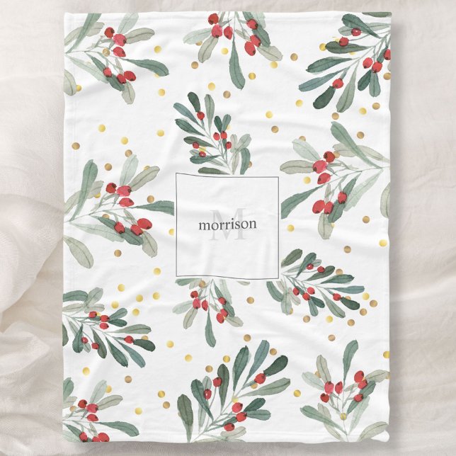 Family Monogram Modern Chic Winter White Botanical Fleece Blanket (Creator Uploaded)