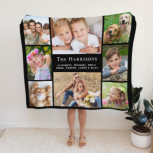 Family Monogram Name 8 Photo Collage Black Fleece Blanket