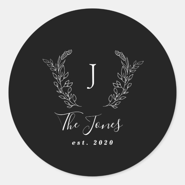 Family monogram name elegant personalised black classic round sticker (Front)