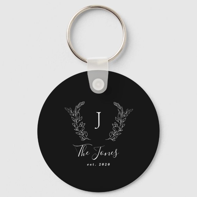 Family monogram name elegant personalised black key ring (Front)