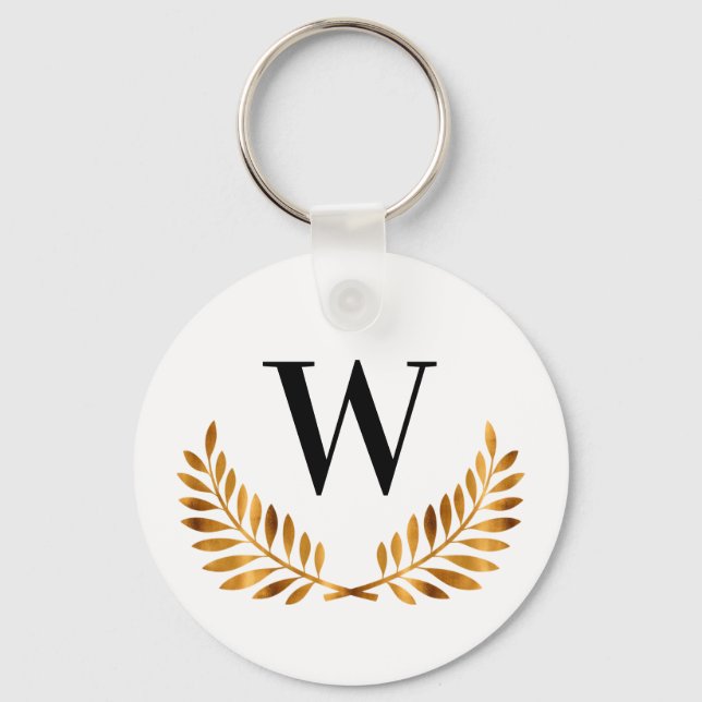 Family monogram name gold black laurel wreath key ring (Front)