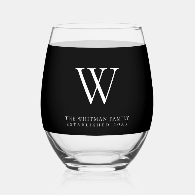 Family Monogram Name Modern Black  Stemless Wine Glass (Front)