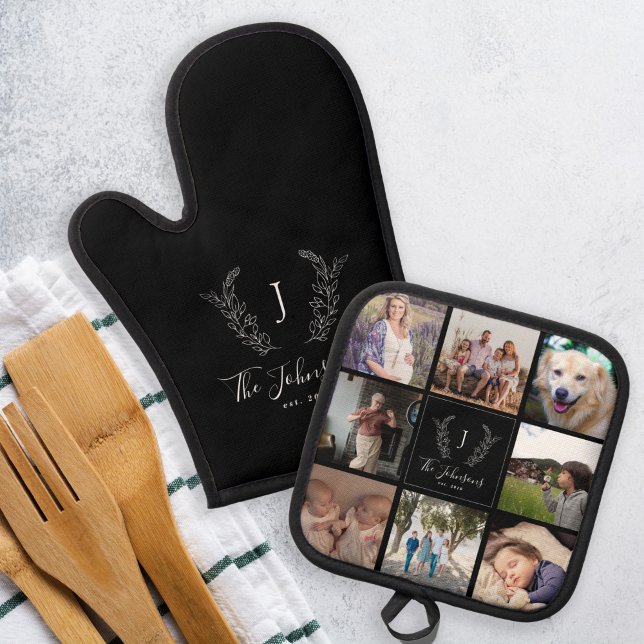 Family monogram name multi photo collage black oven mitt & pot holder set (Creator Uploaded)