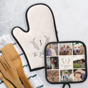 Family monogram name multi photo collage white oven mitt & pot holder set