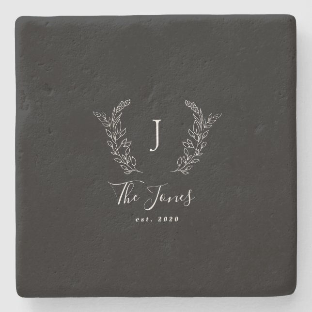 Family monogram name personalised elegant black stone coaster (Front)