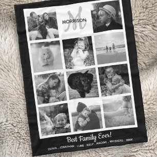 Family Monogram Photo Collage 11 Black White Photo Fleece Blanket