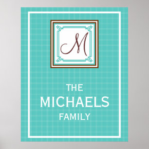 Family Monogram Poster - Aqua Check