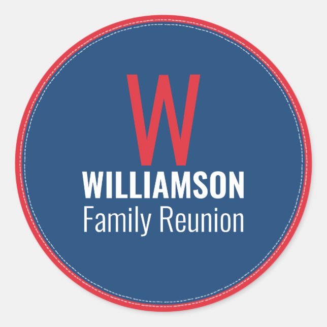 Family Monogram Reunion Colourful Red White Blue Classic Round Sticker (Front)