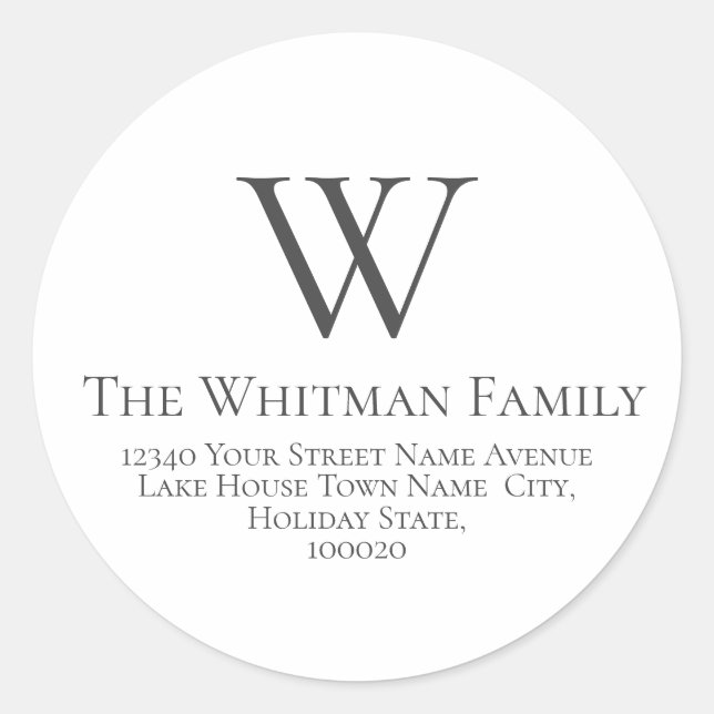 Family Monogram Simple Return Address Classic Round Sticker (Front)
