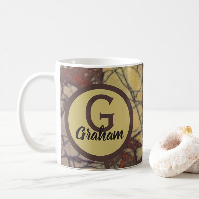 Family Monogram Yellow Marble Pattern Initial Coffee Mug (With Donut)