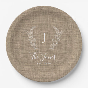 Family monogramed name personalised burlap rustic paper plate