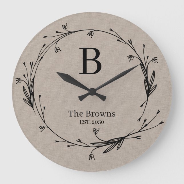 Family Monogrammed Rustic Wildflower Elegant Large Clock (Front)