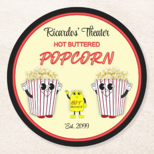 Family Movie Theater with Hot Buttered Popcorn  Round Paper Coaster