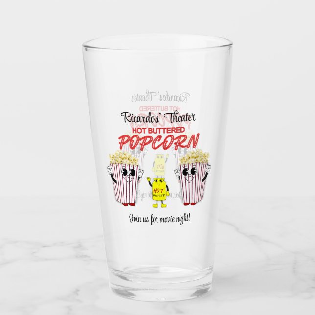 Family Movie Theatre Fun Popcorn Mascots Pint Beer Glass (Front)