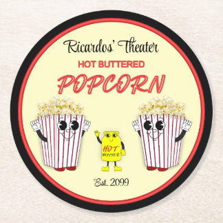 Family Movie Theatre with Hot Buttered Popcorn  Round Paper Coaster