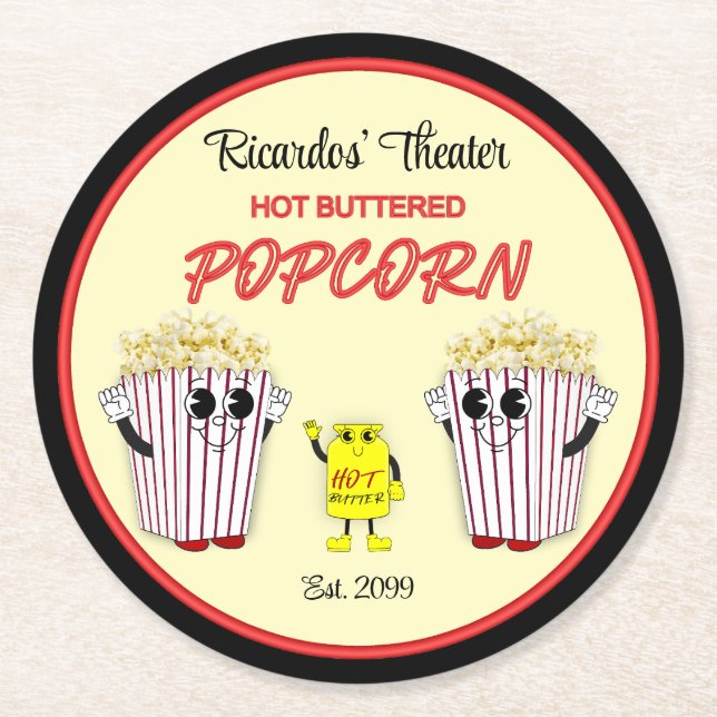 Family Movie Theatre with Hot Buttered Popcorn  Round Paper Coaster (Front)