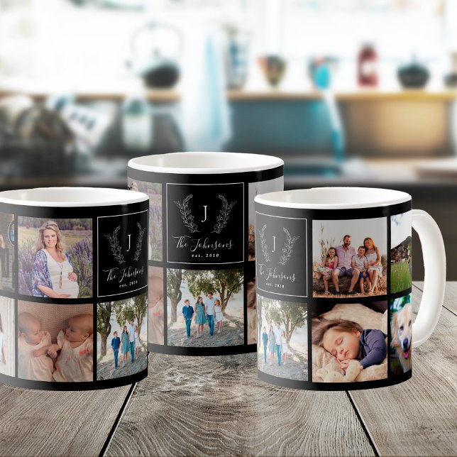 Family multi photo black and white monogrammed coffee mug (Creator Uploaded)