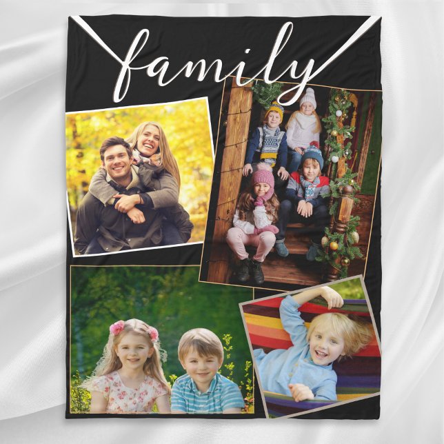 Family Multi Photo Gallery Collage Stylish Modern Fleece Blanket (A fleecy blanket for you to decorate with your own photos, with 'Family' in script typography)