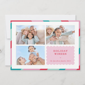 FAMILY MULTI PHOTO modern cute border pink red Holiday Card
