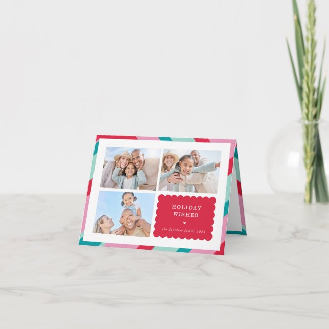 FAMILY MULTI PHOTO modern cute border red pink Holiday Card (Front)