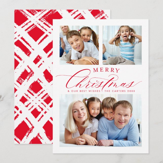 FAMILY MULTI PHOTO traditional merry christmas red Holiday Card (Front/Back)