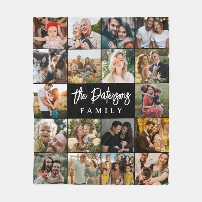 Family Name 18 Photo Collage Modern Elegant Black Fleece Blanket (Front)