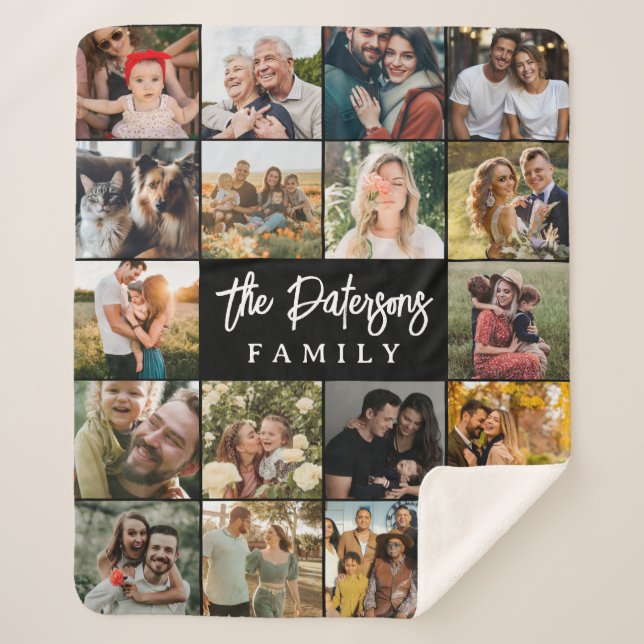 Family Name 18 Photo Collage Modern Elegant Black Sherpa Blanket (Front)
