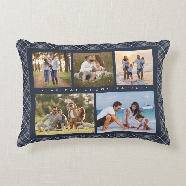 Family Name 5 Photo Collage Blue Plaid Modern Decorative Cushion (Front)