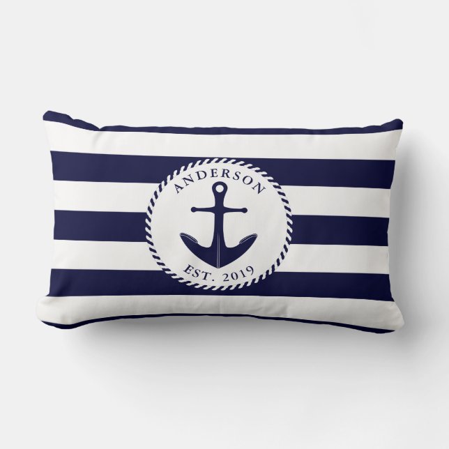 Family Name Anchor Nautical Navy Blue and White Lumbar Cushion (Front)