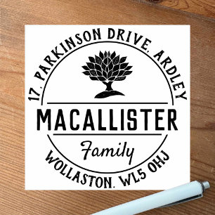 Family Name and Address with Tree Motif Rubber Stamp