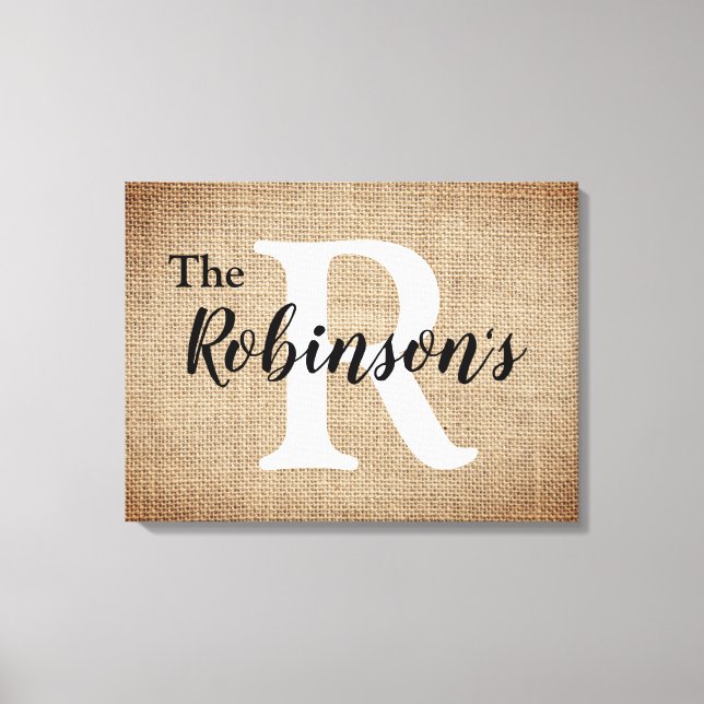 Family Name And Initial Rustic Burlap Image Canvas Print (Front)