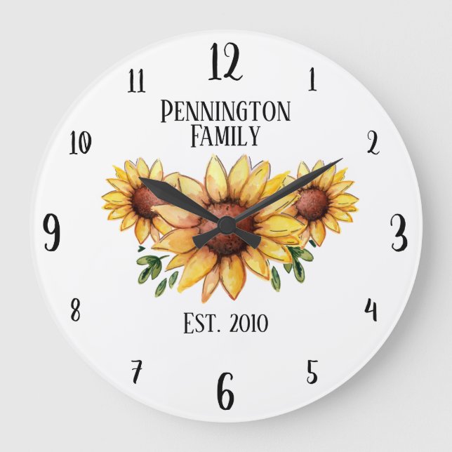 Family Name and Year Established Rustic Sunflowers Large Clock (Front)
