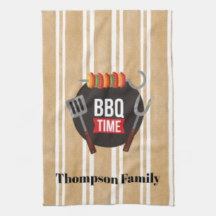 Family name BBQ time Modern illustration stripes Tea Towel