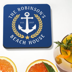 Family Name Beach House Anchor Gold Laurel Navy Coaster
