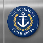 Family Name Beach House Anchor Gold Laurel Navy Magnet<br><div class="desc">A stylish nautical themed round refrigerator magnet with your personalized family name and beach house, lake house, or other desired text and established date. Features a custom designed boat anchor with gold style laurel leaves and a star on navy blue or easily customize the base color to match your current...</div>