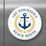 Family Name Beach House Anchor Gold Laurel Star Magnet<br><div class="desc">A stylish nautical themed round refrigerator magnet with your personalised family name and beach house, lake house, or other desired text and established date. Features a custom designed boat anchor with gold style laurel leaves and a star on white or easily customise the base colour to match your current decor...</div>