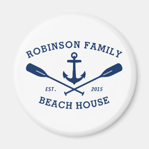 Family Name Beach House Anchor Oars Navy White Magnet