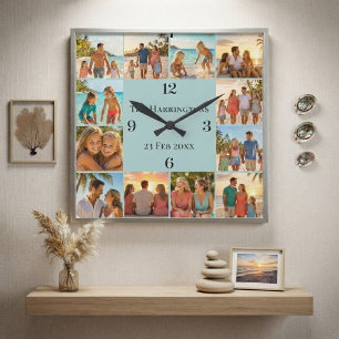 Family Name Beach House Coastal 12 Photos Collage Square Wall Clock