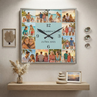 Family Name Beach House Coastal 12 Photos Collage Square Wall Clock