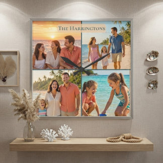 Family Name Beach House Coastal Vibe Photo Collage Square Wall Clock