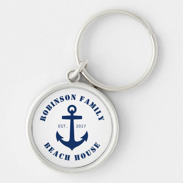 Family Name Beach House Nautical Boat Anchor White Key Ring (Front)