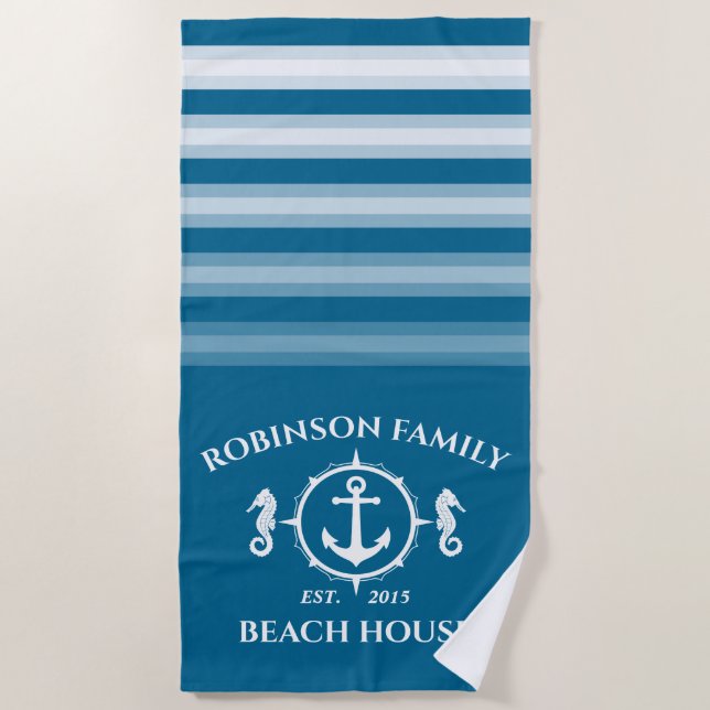 Family Name Beach House Seahorse Anchor Aqua Blue Towel (Front)