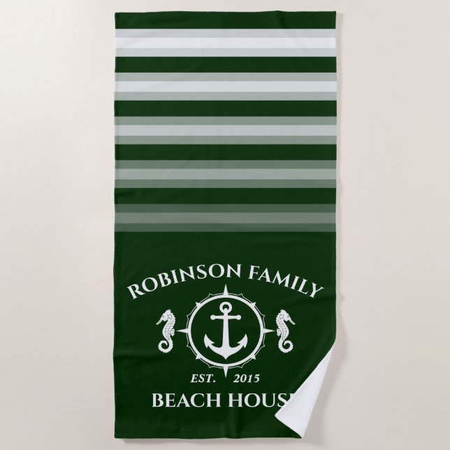 Family Name Beach House Seahorse Anchor Forest Towel (Front)
