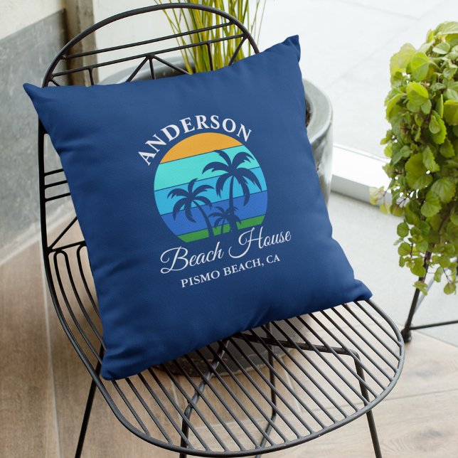 Family Name Beach House Sun Palm Trees Blue Cushion (Customize to change text size, style or background color.)