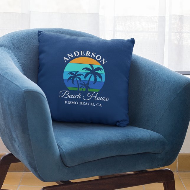 Family Name Beach House Sun Palm Trees Blue Cushion (Customize to change text size, style or background color.)