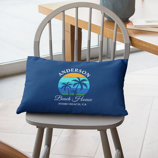 Family Name Beach House Sun Palm Trees Blue Lumbar Cushion (Customize to change text size, style or background color.)