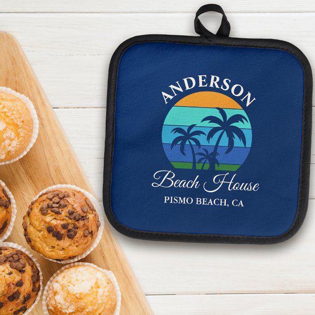 Family Name Beach House Sun Palm Trees Blue Pot Holder (A great addition to your kitchen.)